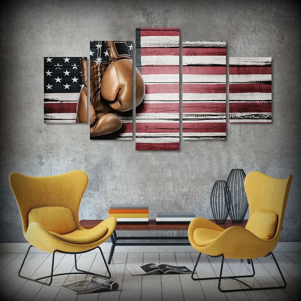 

Modern Wall Art Canvas HD Print Oil Painting Frame Modular Poster 5 Panel Boxing Pride Glove American Flag Decor Pictures PENGDA