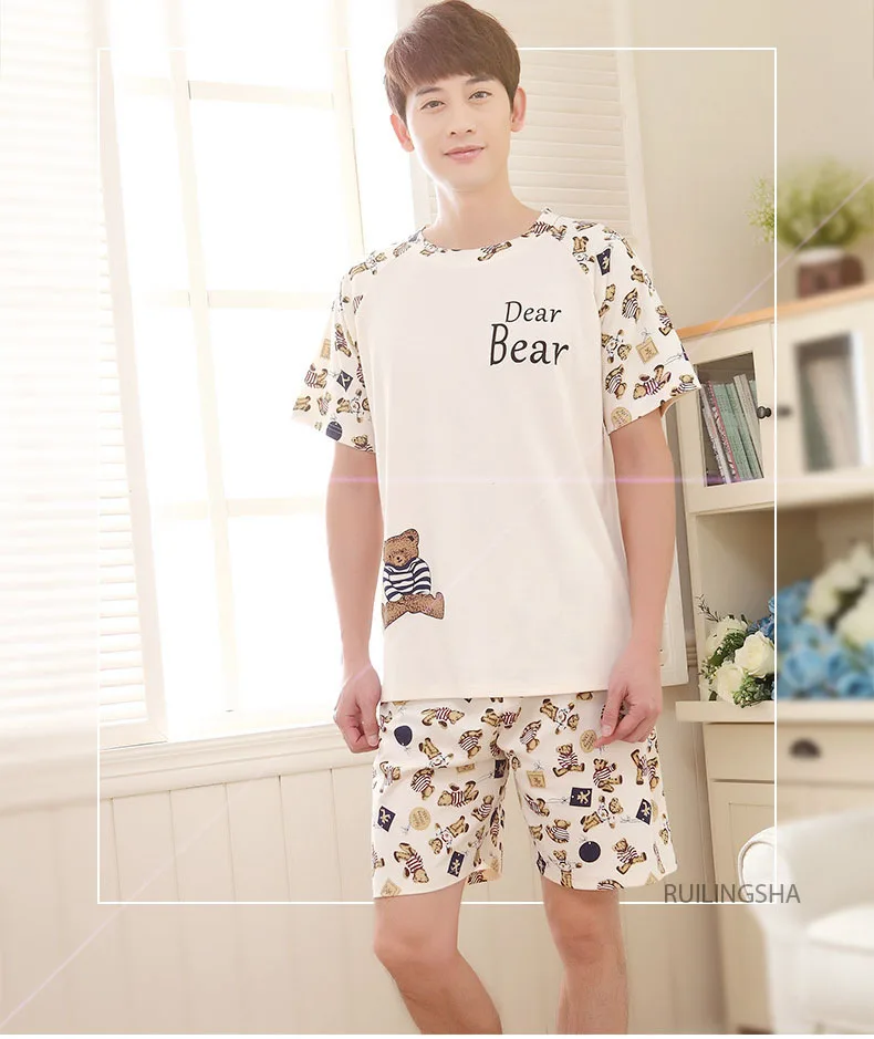 Мужские летние новые милые корейские шорты с короткими рукавами из 2019 хлопка, Мужские Молодежные пижамы XL, пижамные комплекты, мужская