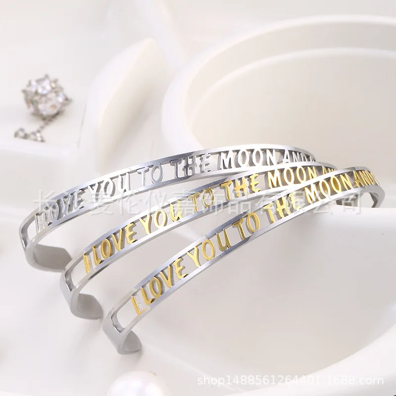 

Newest Street shot Open Cuff Bracelets Bangles Mantra Bracelets Bangles I LOVE YOU TO THE MOON Stainless Steel Bangle Femme