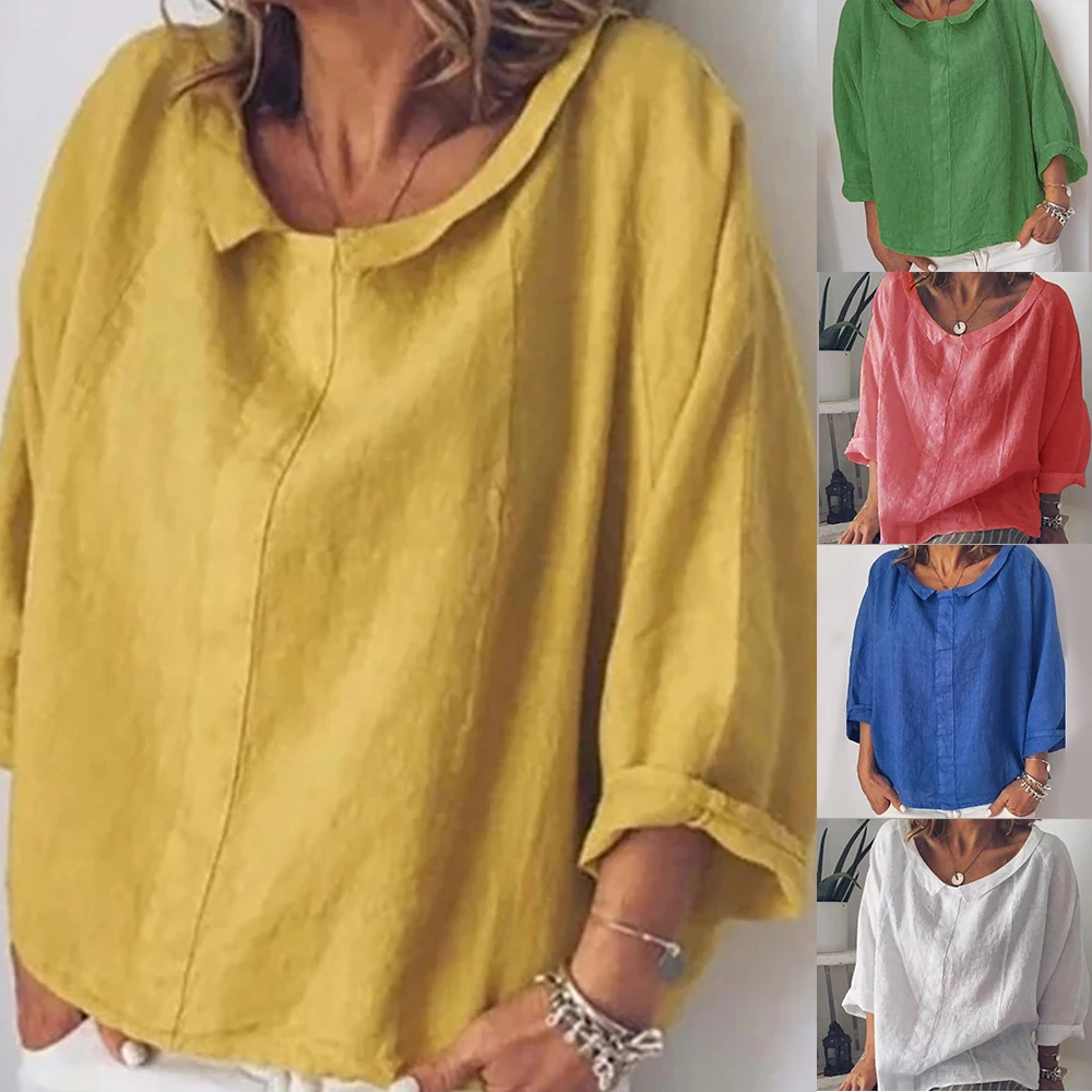

HEFLASHOR 2019 Casual Loose Blouse Women Summer Solid Buttons Linen Shirts Fashion Ladies Work Office Clothes Plus Size