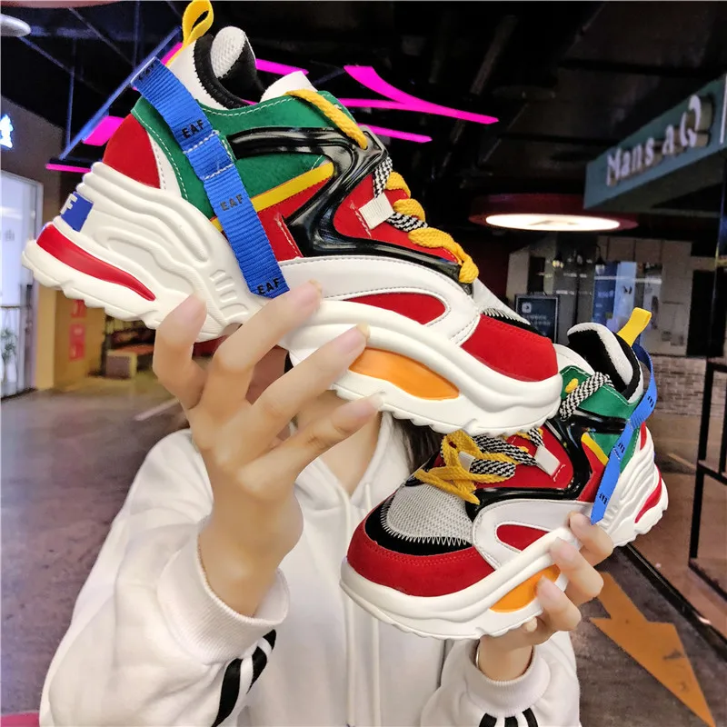 

New Platform Women Running Shoes 2019 Ins Trends Woman Sneakers Height Increasing Sports Shoes Black Red Light Chaussures Femme