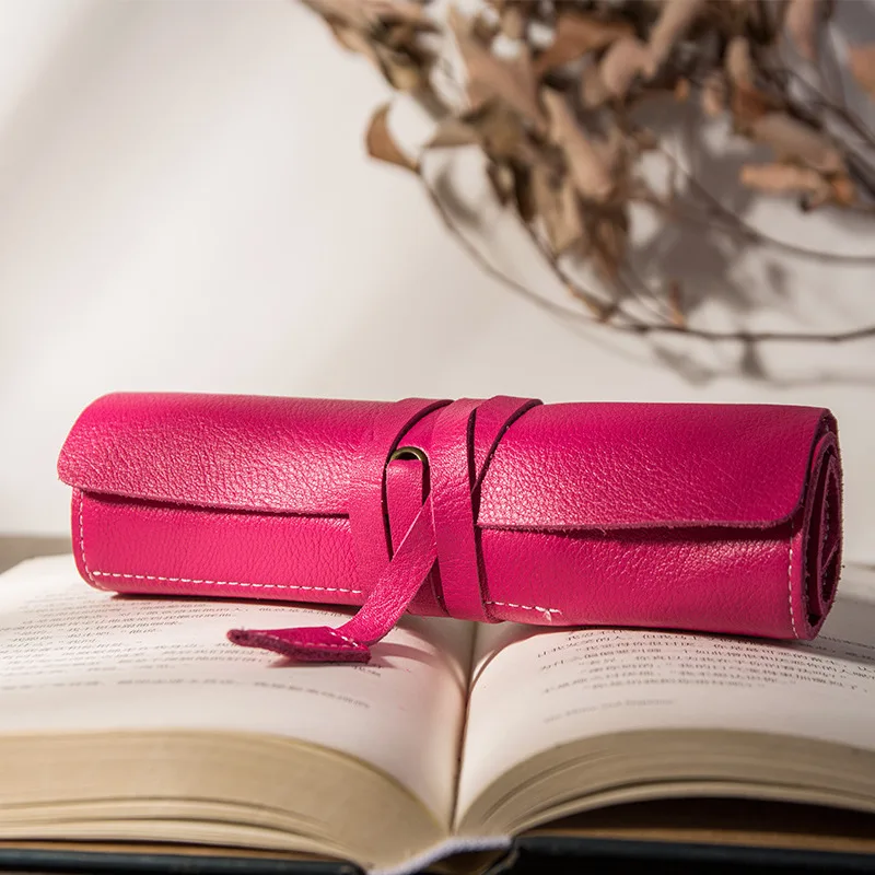 Сумка для ручек из натуральной кожи в стиле ретро, сумка для хранения, верхний слой, кожаная сумка для канцелярских принадлежностей, простой креативный чехол-карандаш для мальчика - Цвет: Rose red