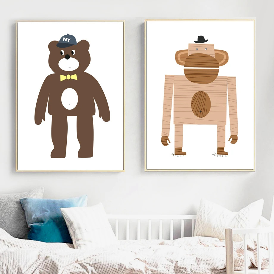 

Abstract Cartoon Wood-made Monkey Bear Nordic Posters And Prints Wall Art Canvas Painting Wall Pictures Baby Kids Room Decor