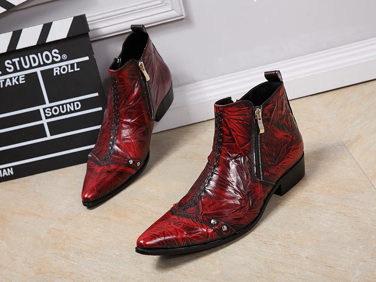 Décontracté Black De Coudre Tendance Partie Gaufré Rétro red Hommes À Cuir Chaussures Pour Bottes Bottines Cowboy Westorn Travail Chelase Mode EYH92IWD