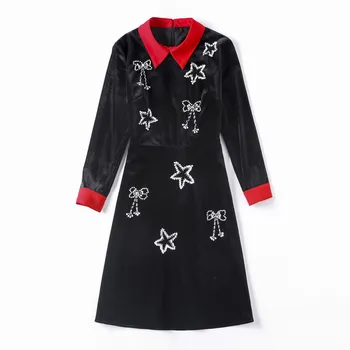 

European and American women's wear autumn 2018 The new Long sleeve lapel Beaded star slim Velvet dress