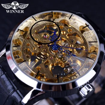 

Winner Transparent Blue Hands Skeleton Golden Dial Wristwatch Mens Watches Top Brand Luxury Fashion Men Casual Mechanical Watch