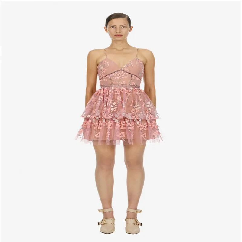 

2019 spring new arrive pink color lace dress embroidery mini women dress