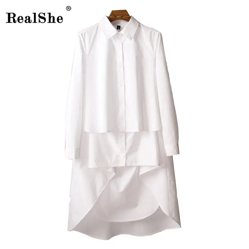 Cena RealShe Kobiety Bluzki Z Długim Rękawem Białe Koszule Turn Down Collar Shirt Casual Tunika Kobiecy Nieregularne Bluzki Plus Size Tops
