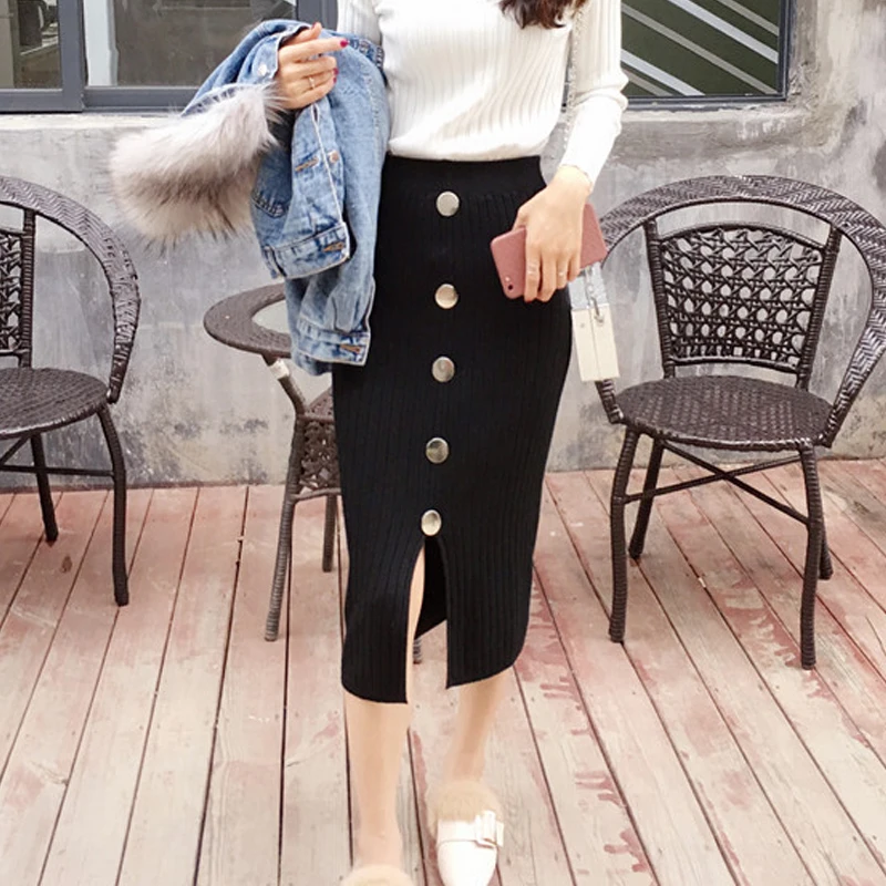 Autumn Winter Knitted Skirt Women Sexy Club Split Skirt High Waist Skirt Wild Long Black Knitted Fashion Casual Skirt Women