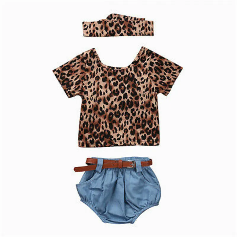 

4PCS Newborn Infant Baby Girls Leopard Short Sleeves Ruffles Blouse Tops+Denim Shorts Romper Headhand Belt Jeans Clothes Outfits