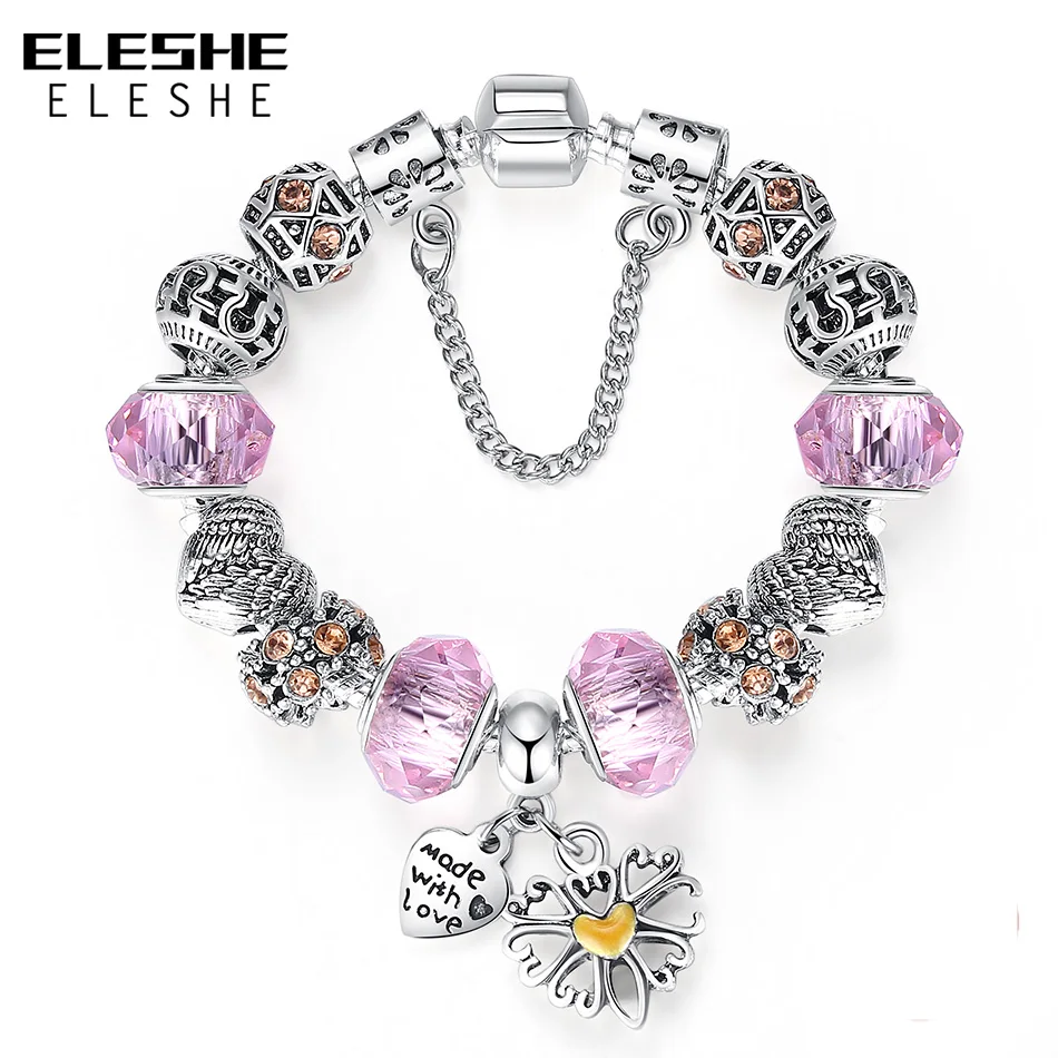 ELESHE Flower Pink Murano Glass&Crystal European Charm Beads Fits DIY Style Heart Charms Bracelets for Women