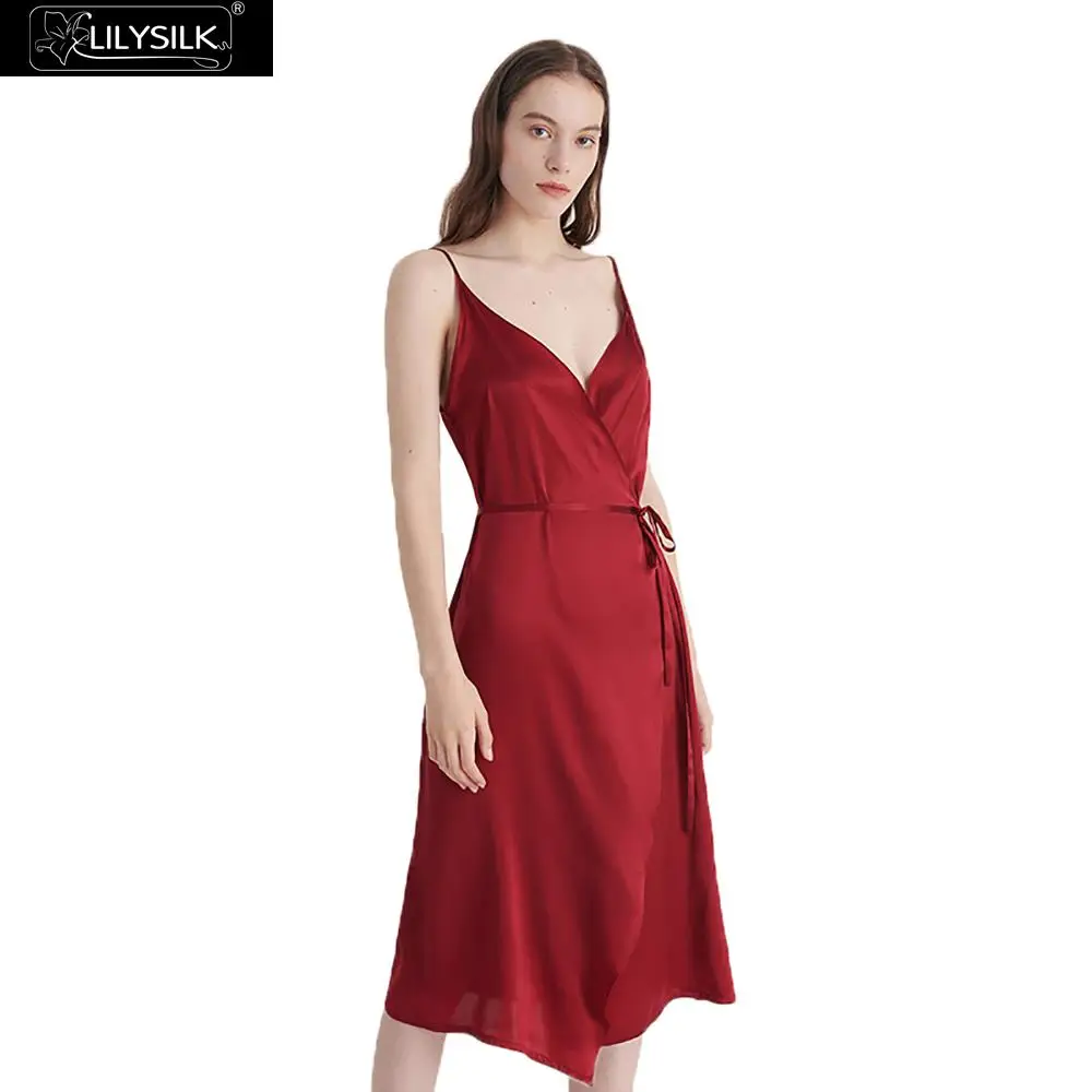 

LilySilk Dress Women Summer 16MM V Neck Tie Waist Silk Evening Ladies Free Shipping