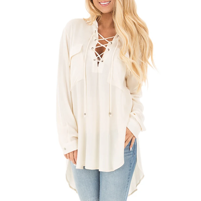Women's Long Sleeve Lace Up Shirt Ladies Loose Casual Party Blouse Tops T-shirt