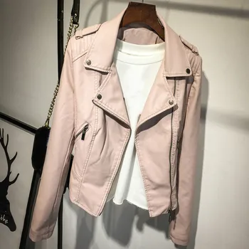 

Fashion Pink PU Leather Jacket Motorcycle Ladies Short Spring Autumn Faux Leather Lapel Long Sleeve Coat Girls Moto Biker Jacket