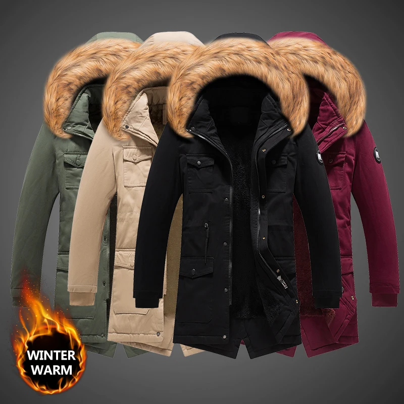 

Fashion Winter Jackets Men Casual Outwear Windbreaker Fur Collar Hooded Thick Velvet Long Trench Coats Classical Warm Parka Men
