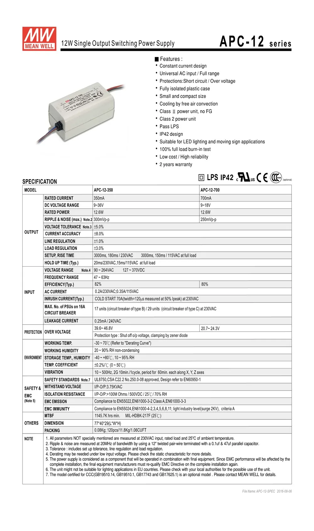 Meanwell APC-12-350 12,6 Вт 9~ 36 В 350mA Светодиодный источник питания постоянный ток означает хорошо светодиодный драйвер APC-12 IP42