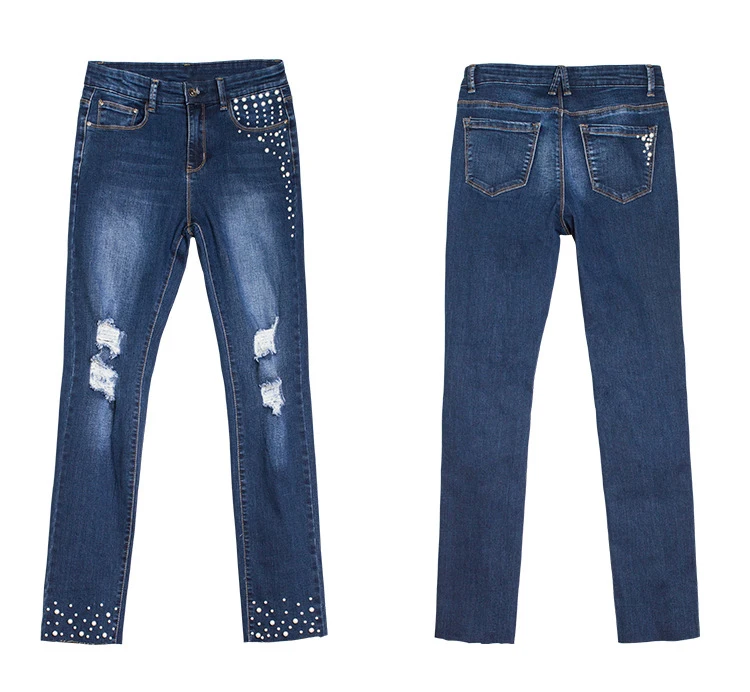 2018 Europe and the United States Women's new high-rise jeans Pearl beaded women's summer jeans trousers (12)