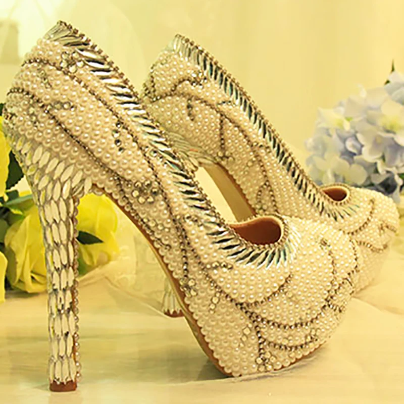 

Pearl Womens Wedding Shoes Crystal Decor White Pumps Round Toe Sexy Bride Platform High Heels Female Rhinestone Party Shoes