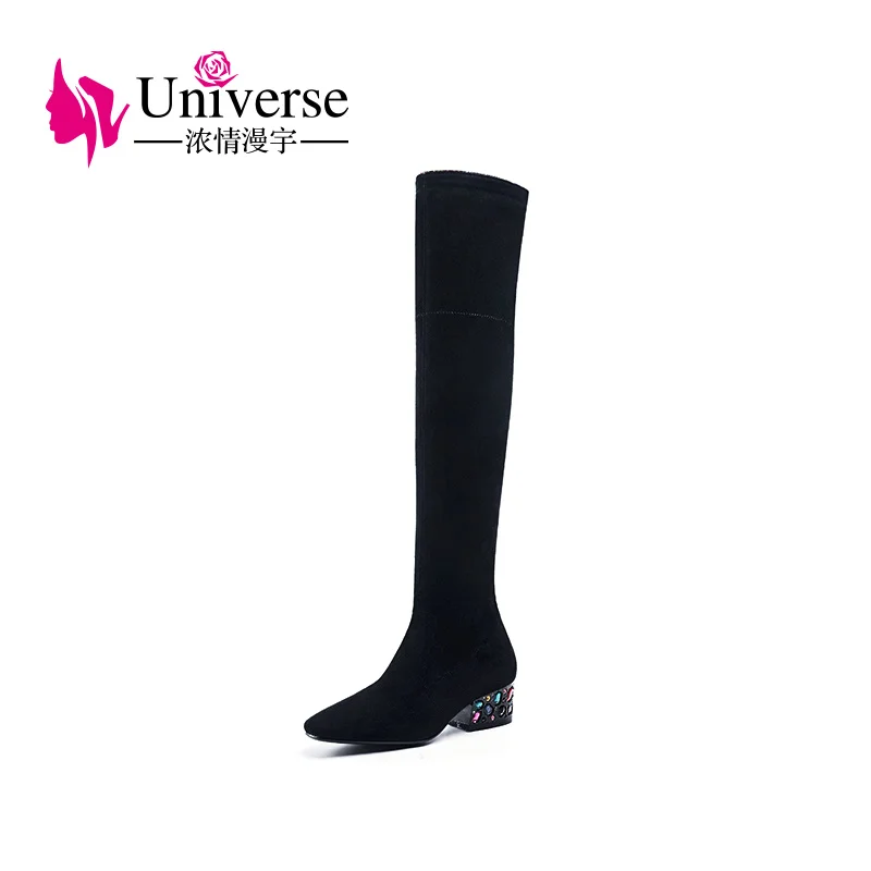 

Fashion Solid Black Square Heel Flock Long Boots Winter Knee Universe Shinny Black Heel 4.5cm Shor Plush Lined Sock Boots H339