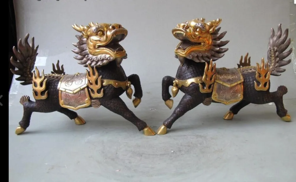

Chinese 100% Bronze 24K plated Evil Door beast Foo Dog kylin Lion Pair