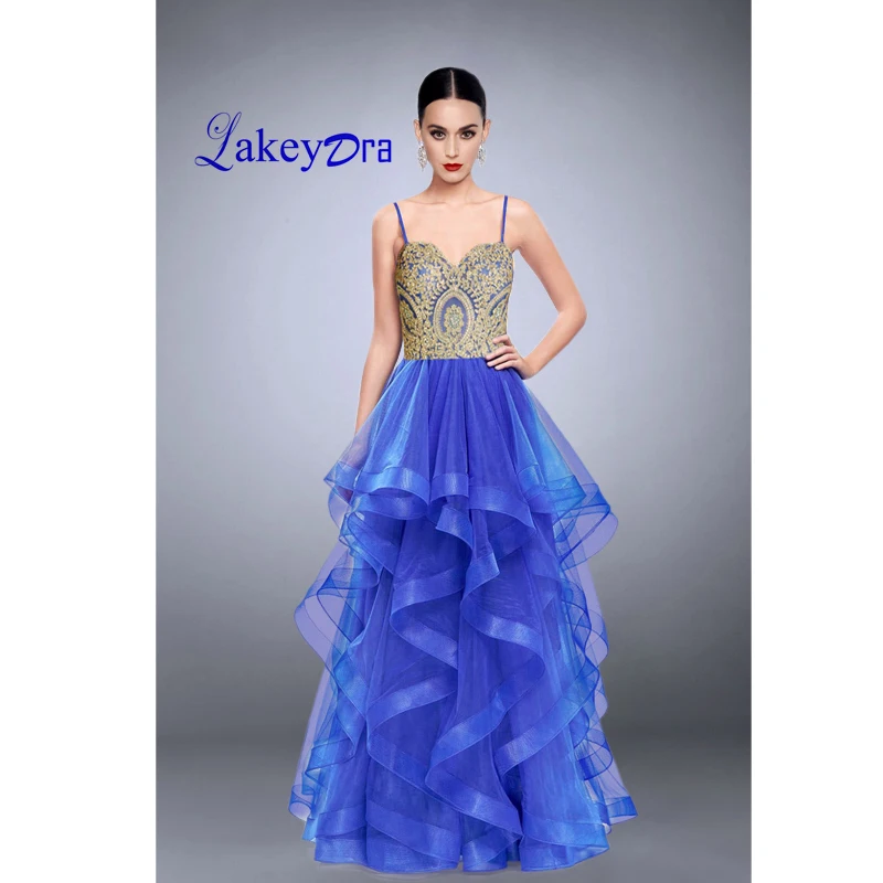 

Lakeydra A-Line Prom Dresses Tulle with Gold Appliques Lace-up Back Formal Wear Vestido Spaghetti Straps Party Gowns