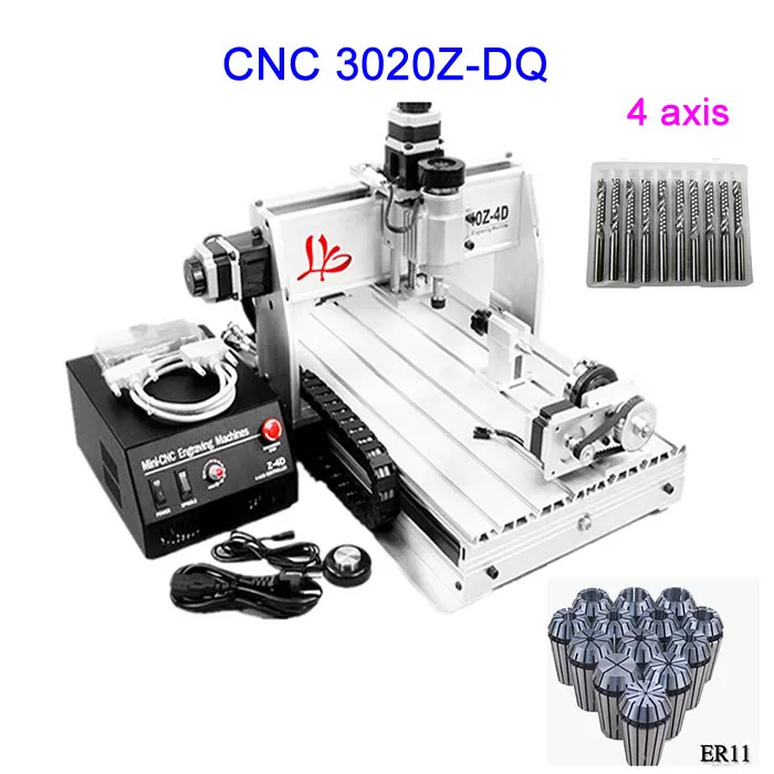 Free shipping ! 4 axis CNC Router 3020Z-DQ Engraving machine with Ball screw with free cnc router bits free shipping cnc 3040 z dq 4 axis 3d wood engraving machine pcb carving router with ball screw tool auto checking instrument