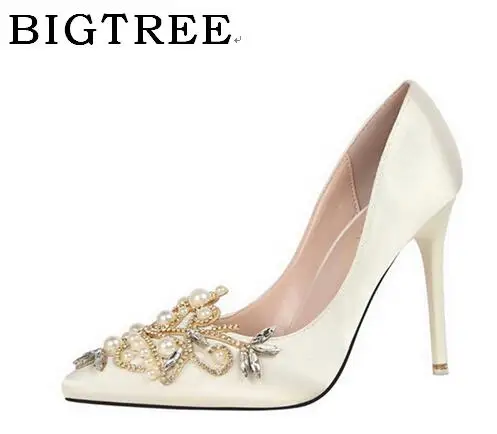 

BIGTREE Spring and Autumn Pumps Women's Shoes High 10 cm Korean Shallow Mouth Sweet Simple High-heeled Pearl Crystal Shoes