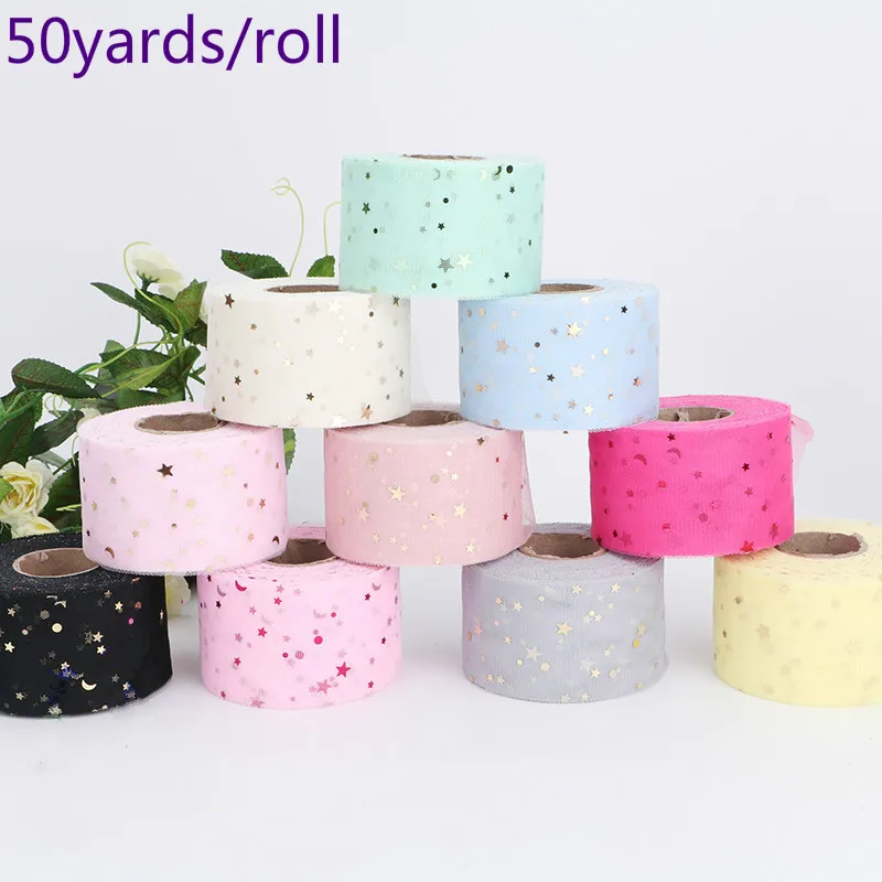 

50Yard 5.5cm Gold Star Tulle Mesh Fabric Ribbon Roll Tutu Baby Show Ribbon for DIY Crafts Gift Wedding Birthday Party Decoration