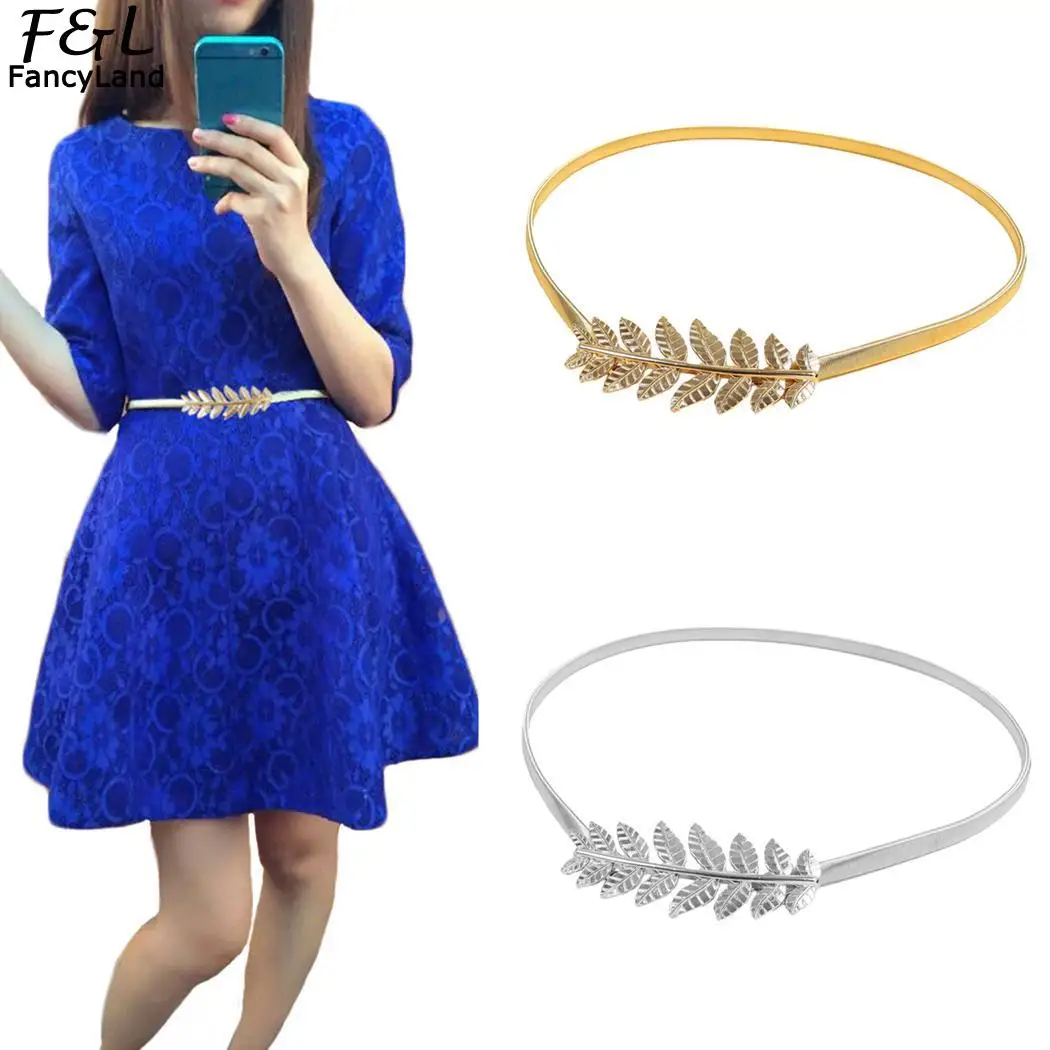 Women Belt Thin Ladies Fashion Gold Leaves Metal Elastic Women Skinny