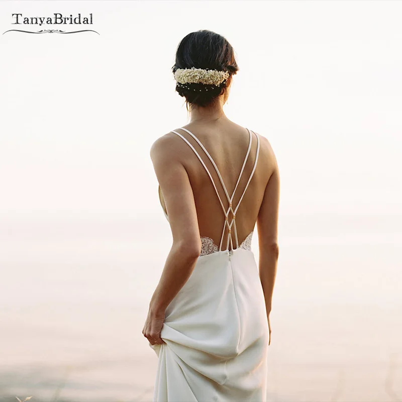 

Simplistic Natural Wedding Dresses Sexy Backless Lace edge Soft Satin Bridal Gowns Robe de soiree DW043