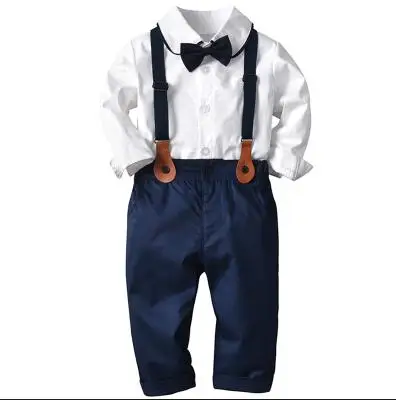 Костюм для маленьких мальчиков полосатая жилетка из двух предметов рубашка с длинными рукавами брюки с галстуком-бабочкой для джентльменов, детский осенний костюм - Цвет: White blue