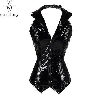 

Corstory Sexy Gothic Black PVC Stand Collar Neck Steel Boned Overbust Long Corset Shaper Body Bustier Tops Steampunk Costume 3XL