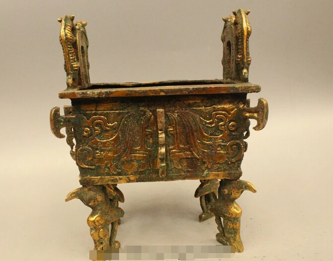 

wholesale factory 8" Ancient Chinese Dynasty Bronze Gild 4 Foot Square Dragon Ding Incense Burner