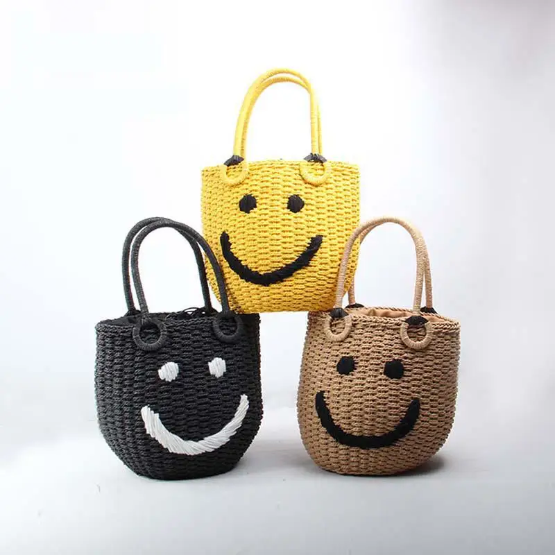 

Women Summer Straw Bag Smiley Bucket Bag Japan Style Small Handmade Woven Beach Bags Black Coffee Ladies Holiday Handbag Bolsas