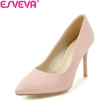 

ESVEVA 2018 Women Pumps Shoes Elegant Soft Leather Slip on Thin High Heels Pointed Toe Fashion Wedding Women Shoes Size 34-43