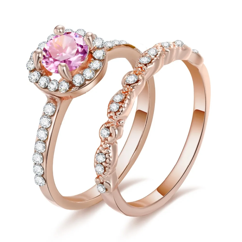 KISSWIFE 2 Pcs/Set Crystal Ring Jewelry Rose Gold Color Wedding Rings Women Girls Gift Engagement Wedding Ring Set 6/7/8/9#