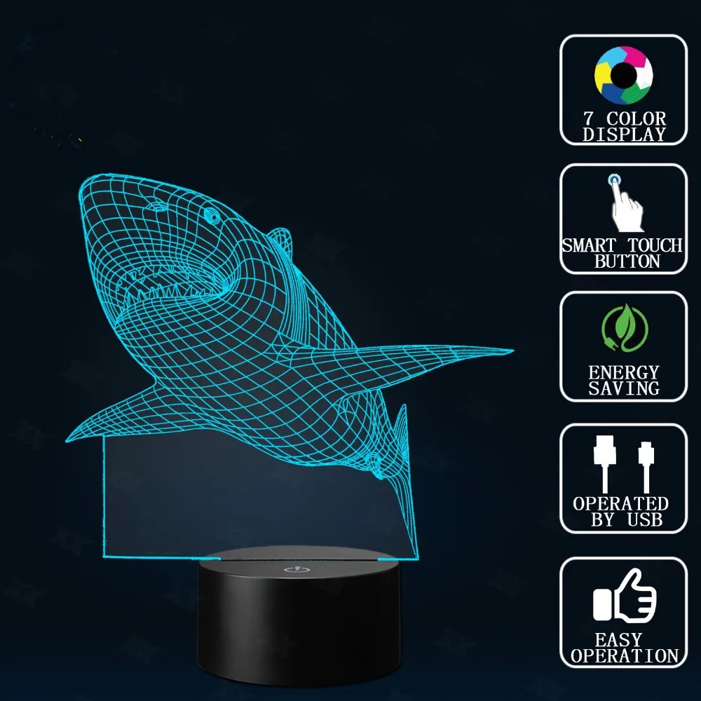  Shark Led Table Lamp 3d Touch Control Night 7 Colors Change Usb Led Desk Table Light Lamp Power Ban