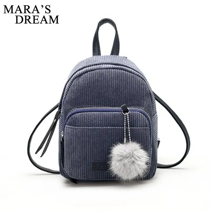 

Mara's Dream New Fashion Women Corduroy Mini Backpack Girls School Bag With Plush Shoulder Bag Fur Ball Solid Color Backpacks