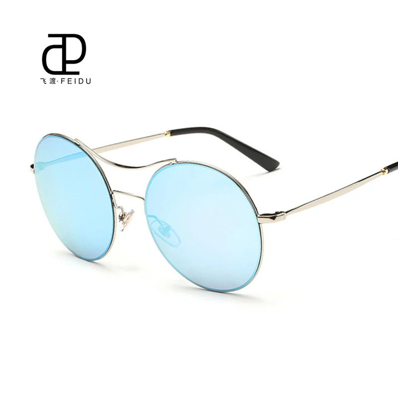 FEIDU Ретро сплава круглый Солнцезащитные очки для женщин Для мужчин Винтаж модные зеркальное покрытие Защита от солнца Очки UV400 очки oculos де золь - Цвет линз: Blue