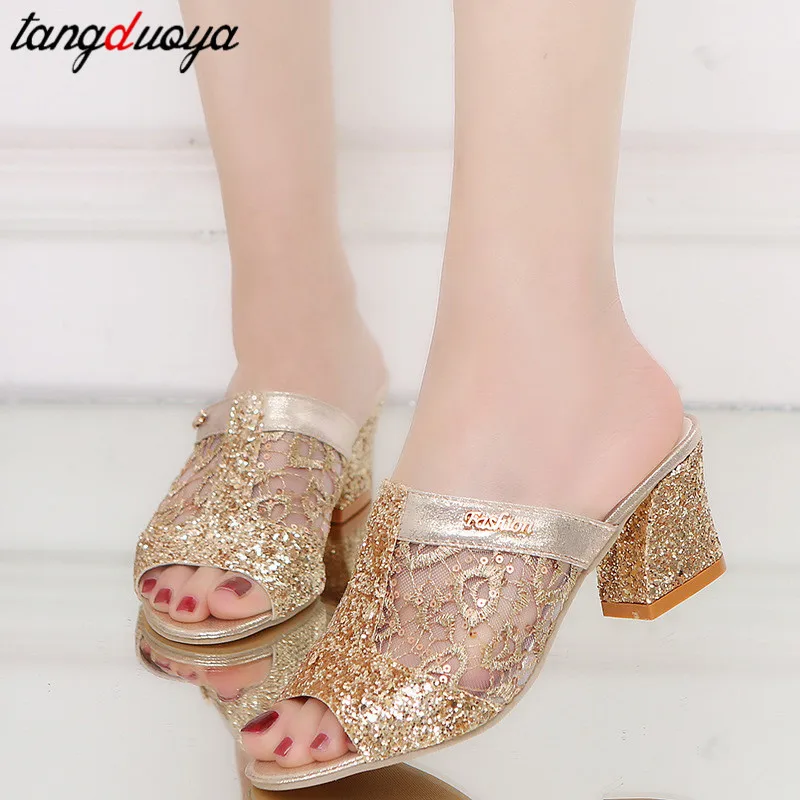 

bling heels slides women summer high heels slippers shoes woman sexy peep toe summer shoes square heel sandals talon femme