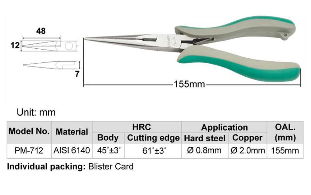 Pro'skit PM-712, прецизионные диагональные режущие плоскогубцы, электронные режущие плоскогубцы, плоскогубцы с длинным носом, плоскогубцы, ручные инструменты