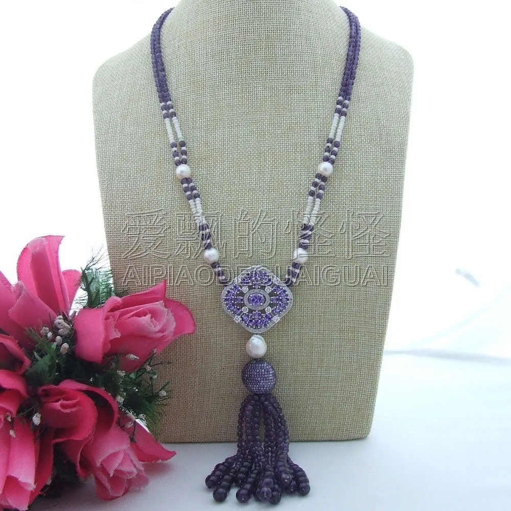 

N073001 Pearl Natural Purple Crystal Coral CZ Pendant Necklace