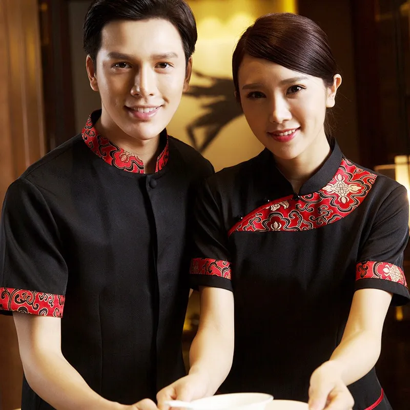 

Chinese Restaurant Hotel Staff Uniforms New Fashion Black Hotel Waitress Shirt+Apron Catering Waiter Work Clothing Wholesales