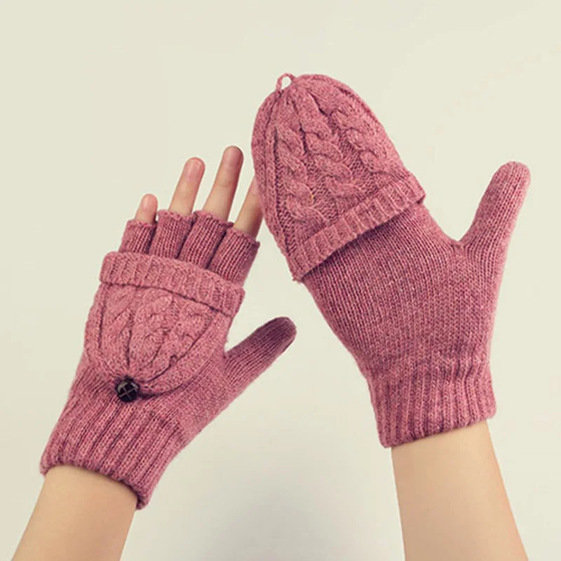 Women Fingerless Gloves Girls Mittens Wool Knitted Exposed Finger