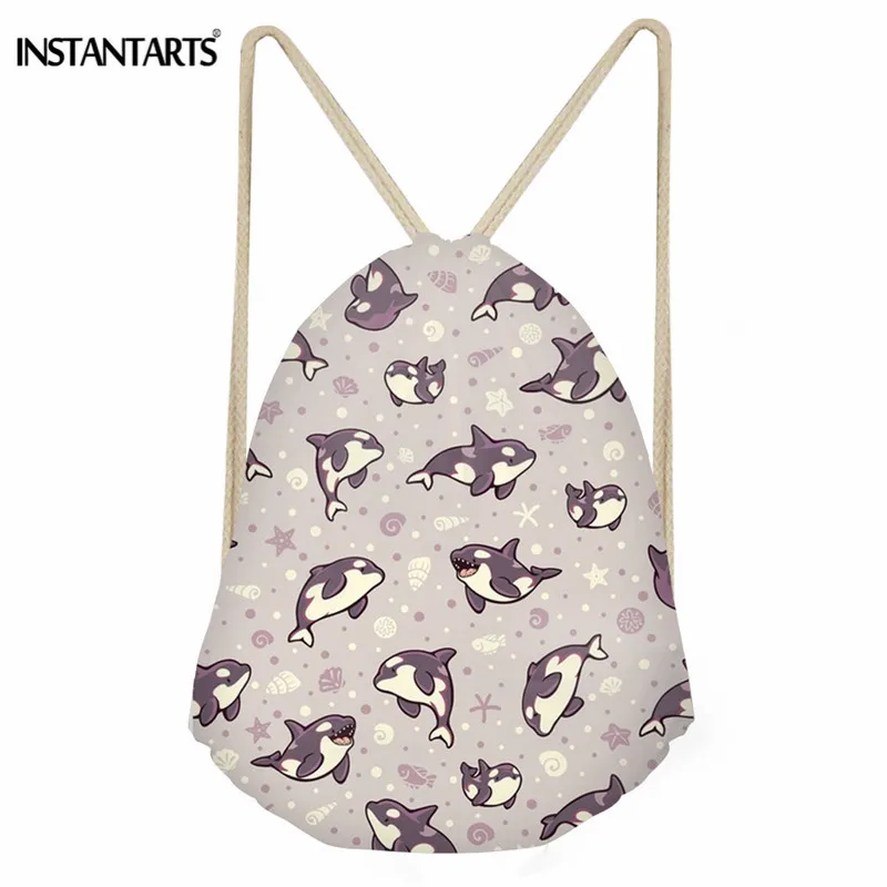 INSTANTARTS 3D мультфильм с принтом акулы Для женщин ежедневно Drawstring сумка Повседневное полиэстер рюкзак мешок для девочек и мальчиков путешествия пляжные сумки