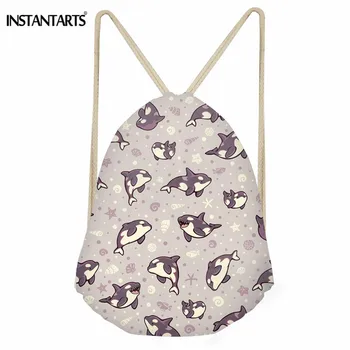 

INSTANTARTS 3D Cartoon Shark Printed Women Daily Drawstring Bag Casual Polyester Backpack Sack for Girls Boys Travel Beach Bags