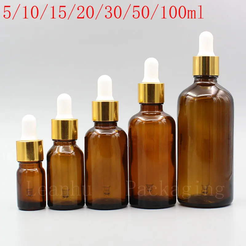 Brown Essential Oil Dropper Bottle With Golden Aluminum Cap, Refillable
