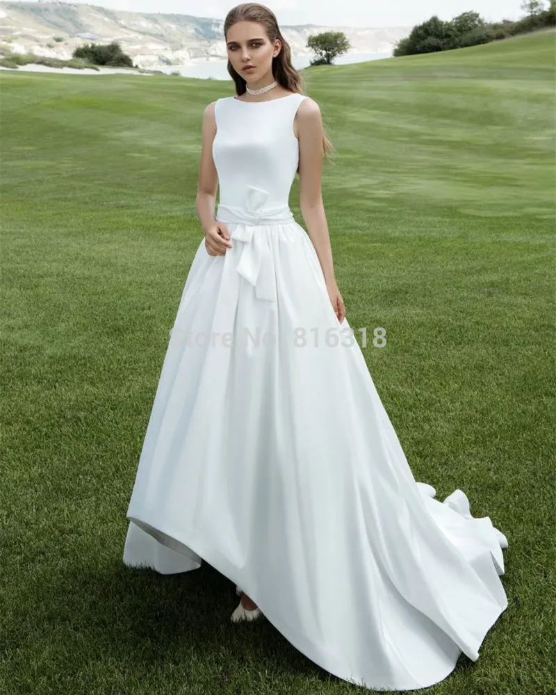 Satin High Low Wedding Dresses Unique Lace Beaded Back Bridal Dresses