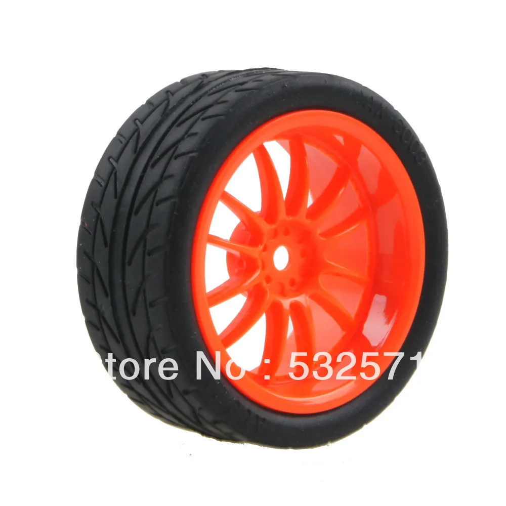 4PCS Wheels Tires Orange Plastic Rims Rubber Tyre for 110 On Road RC