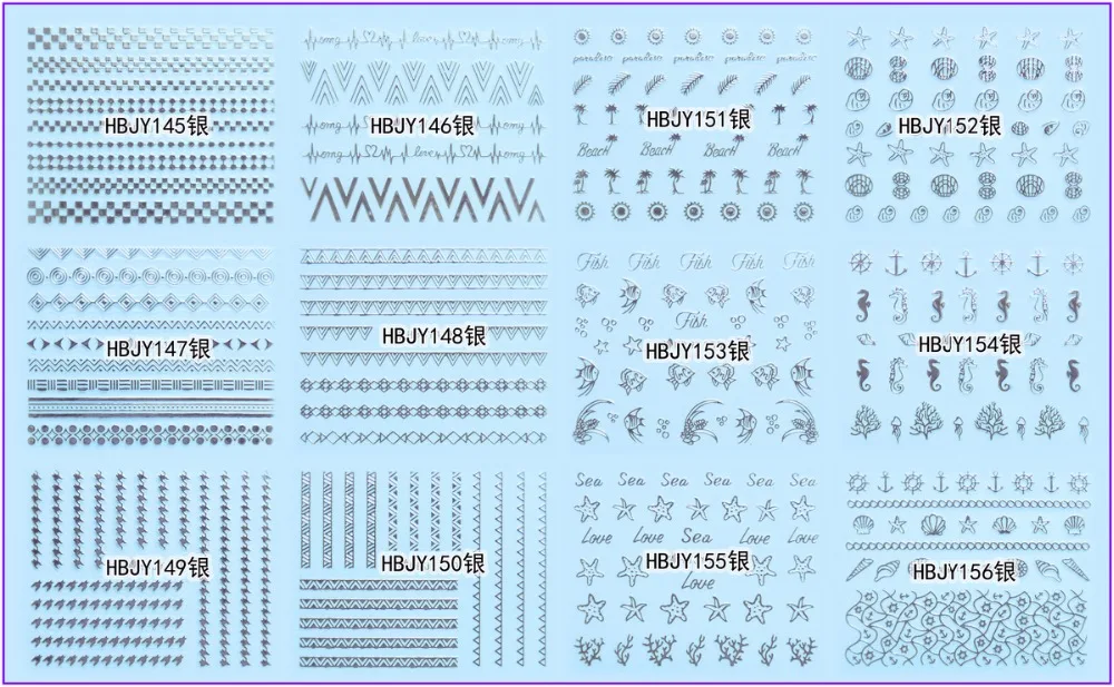 12 шт./лот, самоклеющиеся 3D наклейки для ногтей, татуировки, белый, черный, золотой, серебряный, молния, стрелка, волна, морская звезда, лошадь, раковины, HBJY145-156